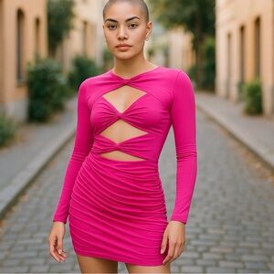 Yaura Hot Pink Cutout Knot Front Long Sleeve Drape Mini Dress UK 12